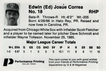 1986 Performance Printing Texas Rangers #NNO Edwin Correa Back