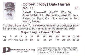 1986 Performance Printing Texas Rangers #NNO Toby Harrah Back