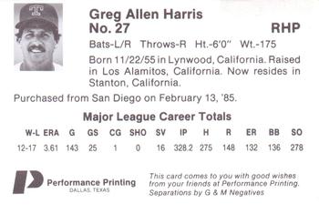 1986 Performance Printing Texas Rangers #NNO Greg Harris Back