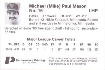 1986 Performance Printing Texas Rangers #NNO Mike Mason Back