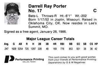 1986 Performance Printing Texas Rangers #NNO Darrell Porter Back