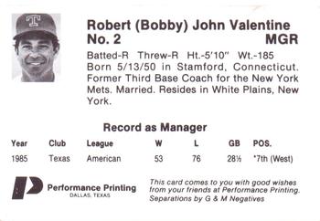 1986 Performance Printing Texas Rangers #NNO Bobby Valentine Back