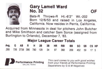 1986 Performance Printing Texas Rangers #NNO Gary Ward Back