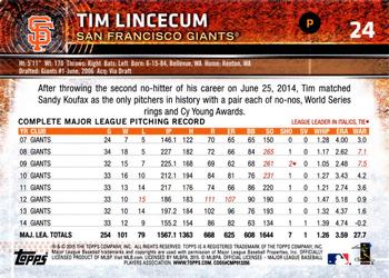 2015 Topps Opening Day - Blue #24 Tim Lincecum Back
