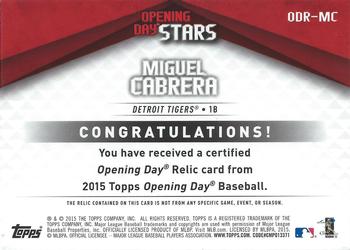 2015 Topps Opening Day - Relics #ODR-MC Miguel Cabrera Back