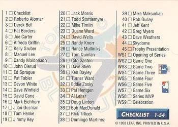 1993 Donruss Toronto Blue Jays 1992 Championship Season #1 Checklist Back