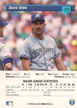 1993 Donruss Toronto Blue Jays 1992 Championship Season #29 Dave Stieb Back