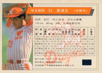 1993 CPBL #019 Ching-Wen Huang Back