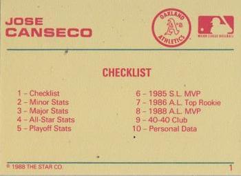 1989 Star Platinum #1 Jose Canseco Back