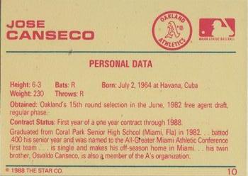 1989 Star Platinum #10 Jose Canseco Back
