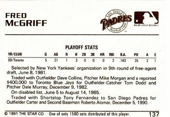 1991 Star Gold #137 Fred McGriff Back