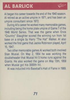 1990 T&M Sports Umpires #71 Al Barlick Back