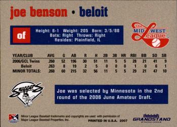 2007 Grandstand Midwest League Top Prospects #NNO Joe Benson Back