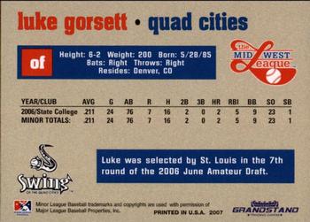 2007 Grandstand Midwest League Top Prospects #NNO Luke Gorsett Back