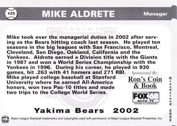 2002 Grandstand Yakima Bears #NNO Mike Aldrete Back