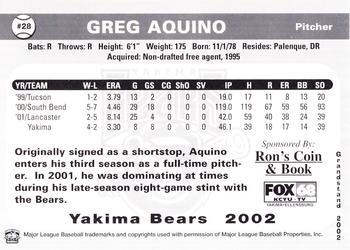 2002 Grandstand Yakima Bears #NNO Greg Aquino Back