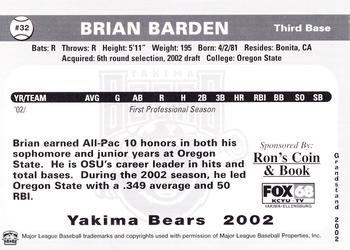 2002 Grandstand Yakima Bears #NNO Brian Barden Back