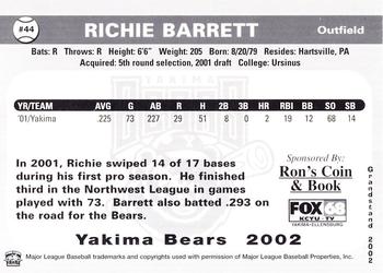 2002 Grandstand Yakima Bears #NNO Richie Barrett Back