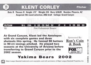 2002 Grandstand Yakima Bears #NNO Klent Corley Back