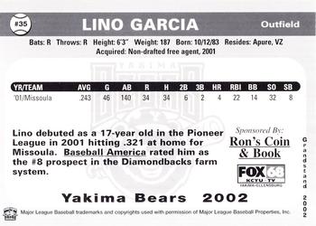 2002 Grandstand Yakima Bears #NNO Lino Garcia Back