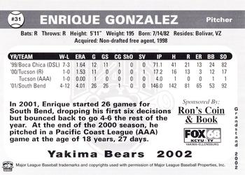 2002 Grandstand Yakima Bears #NNO Enrique Gonzalez Back
