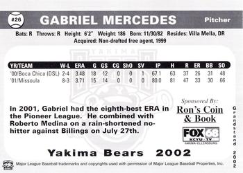 2002 Grandstand Yakima Bears #NNO Gabriel Mercedes Back