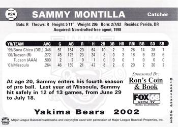 2002 Grandstand Yakima Bears #NNO Sammy Montilla Back