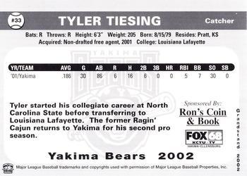 2002 Grandstand Yakima Bears #NNO Tyler Tiesing Back