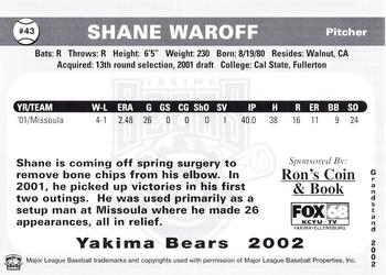 2002 Grandstand Yakima Bears #NNO Shane Waroff Back