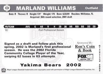 2002 Grandstand Yakima Bears #NNO Marland Williams Back