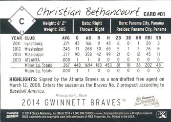 2014 Choice Gwinnett Braves #1 Christian Bethancourt Back