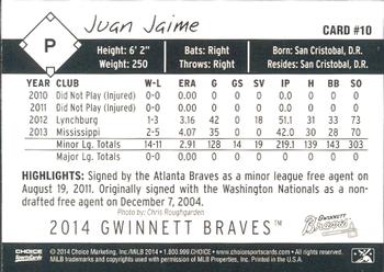 2014 Choice Gwinnett Braves #10 Juan Jaime Back