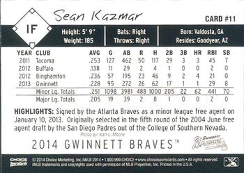 2014 Choice Gwinnett Braves #11 Sean Kazmar Back