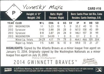 2014 Choice Gwinnett Braves #16 Yunesky Maya Back