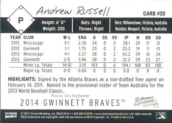 2014 Choice Gwinnett Braves #20 Andrew Russell Back