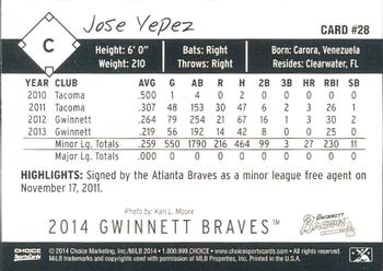 2014 Choice Gwinnett Braves #28 Jose Yepez Back
