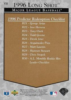 1996 Upper Deck - Predictors Exchange: Hobby #H30 AL Monthly Rookie Hits Leader Long Shot Back