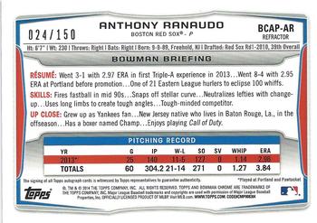2014 Bowman Chrome - Prospect Autographs Blue Refractors #BCAP-AR Anthony Ranaudo Back