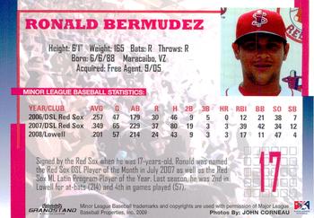 2009 Grandstand Lowell Spinners #NNO Ronald Bermudez Back