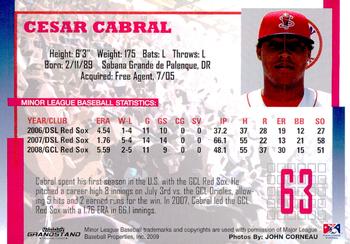 2009 Grandstand Lowell Spinners #NNO Cesar Cabral Back