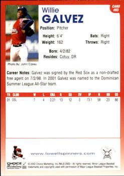 2002 Choice Lowell Spinners #03 Willy Galvez Back