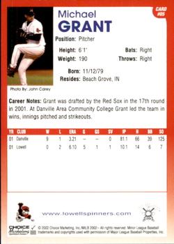 2002 Choice Lowell Spinners #05 Michael Grant Back