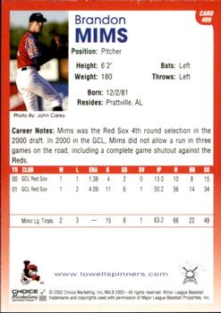 2002 Choice Lowell Spinners #09 Brandon Mims Back