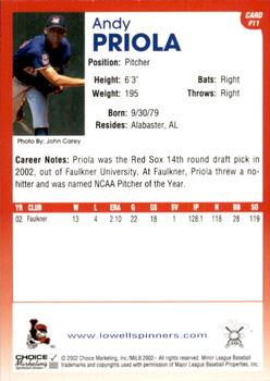 2002 Choice Lowell Spinners #11 Andy Priola Back