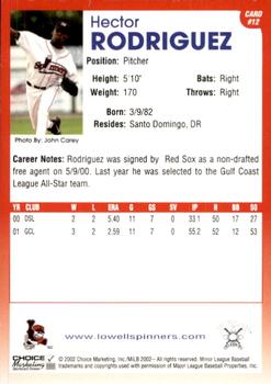 2002 Choice Lowell Spinners #12 Hector Rodriguez Back