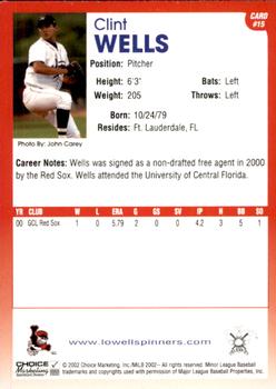 2002 Choice Lowell Spinners #15 Clint Wells Back