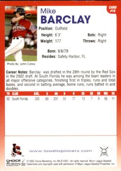 2002 Choice Lowell Spinners #19 Mike Barclay Back