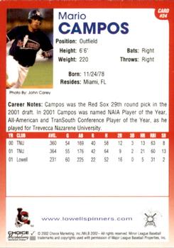2002 Choice Lowell Spinners #24 Mario Campos Back