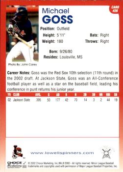 2002 Choice Lowell Spinners #26 Michael Goss Back