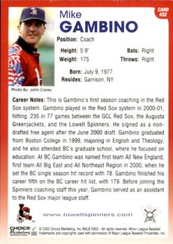 2002 Choice Lowell Spinners #32 Mike Gambino Back